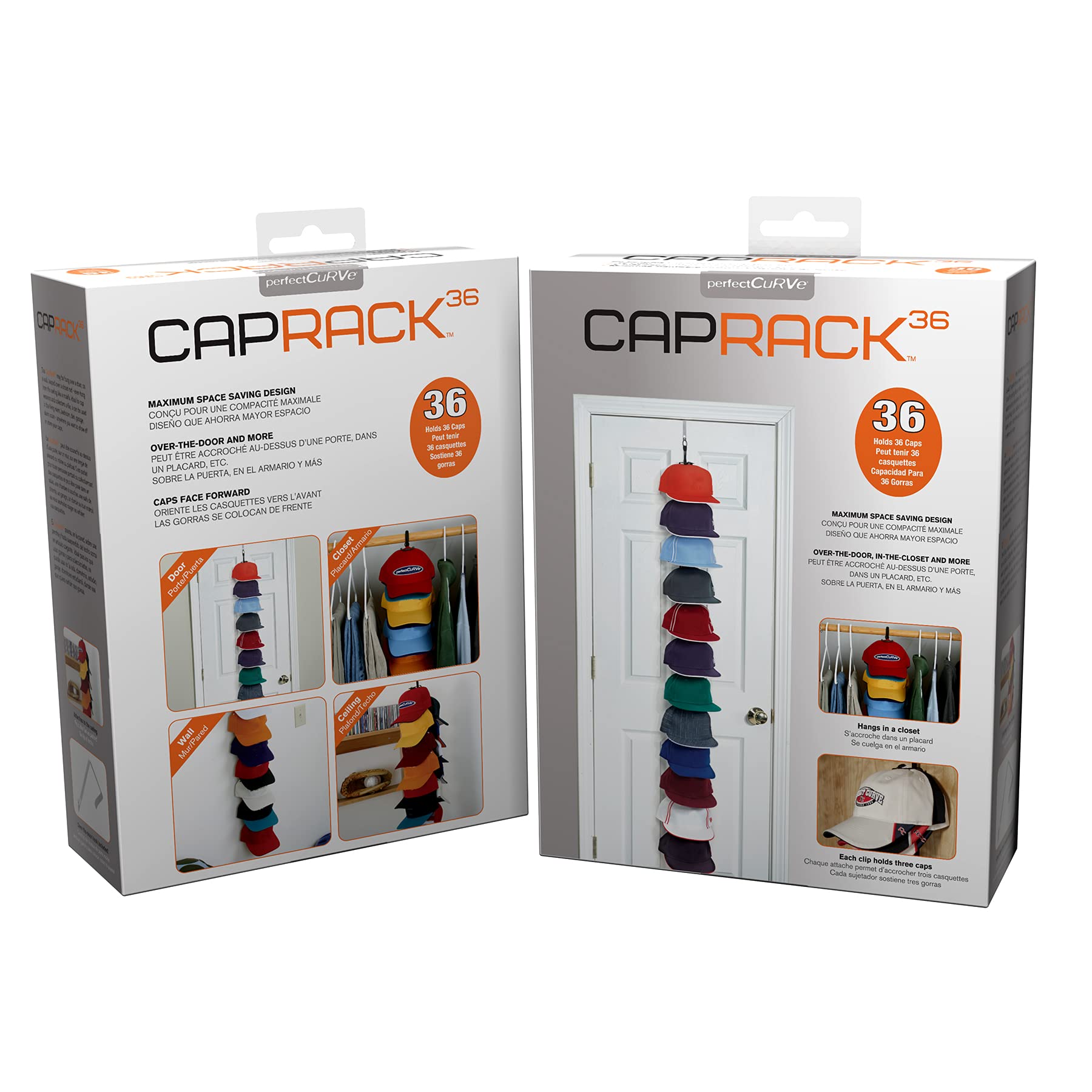 Perfect Curve Cap Rack System 36 keeps caps organized on display.