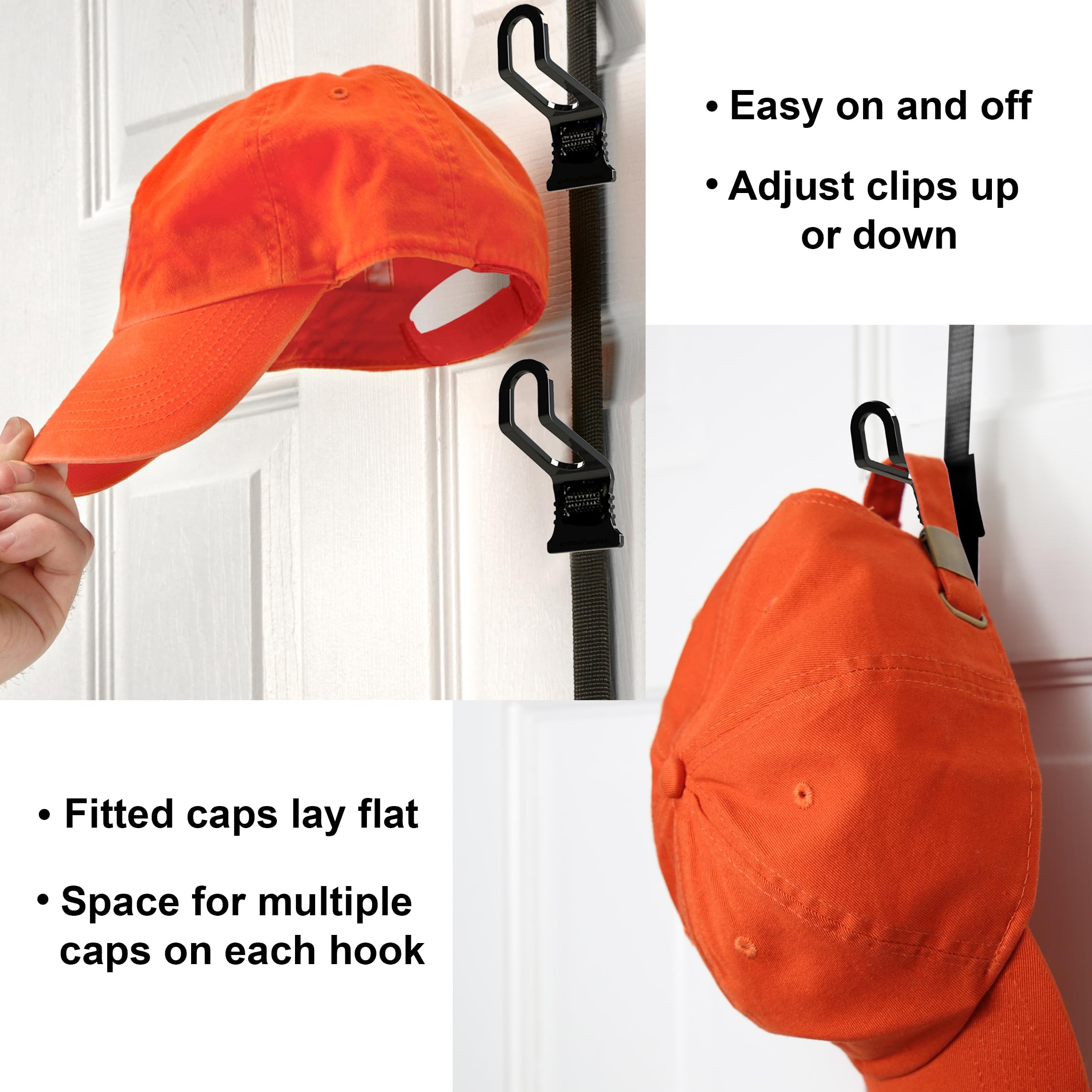 Close-up of Perfect Curve CapRack clip design for neat hanging