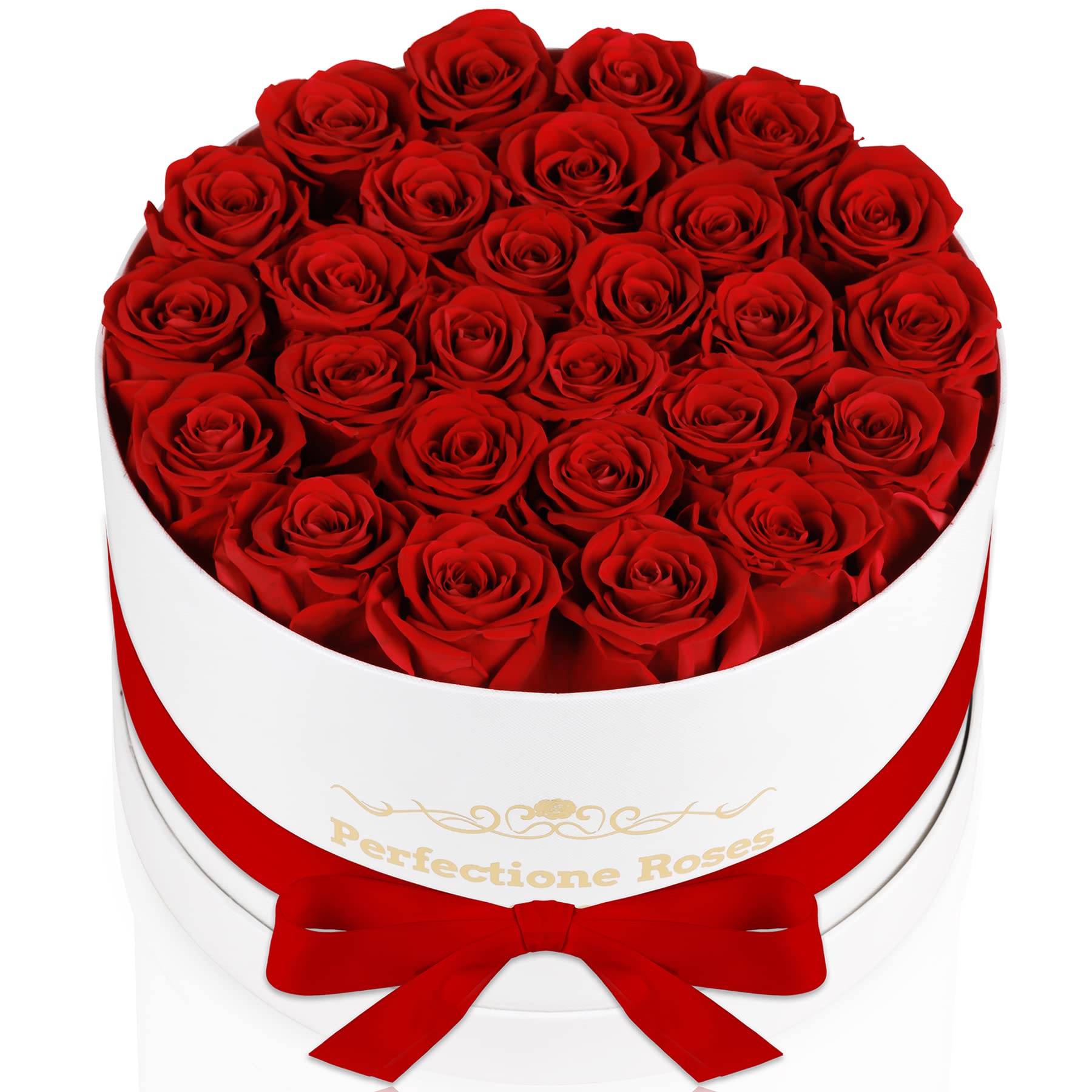 Perfectione Roses 27-rose box presents an elegant, long-lasting gift for anniversaries.