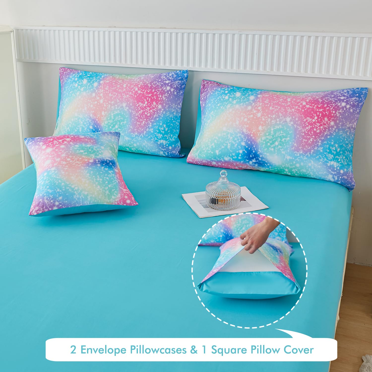 PERFEMET decorative pillow cover completes the playful rainbow look.