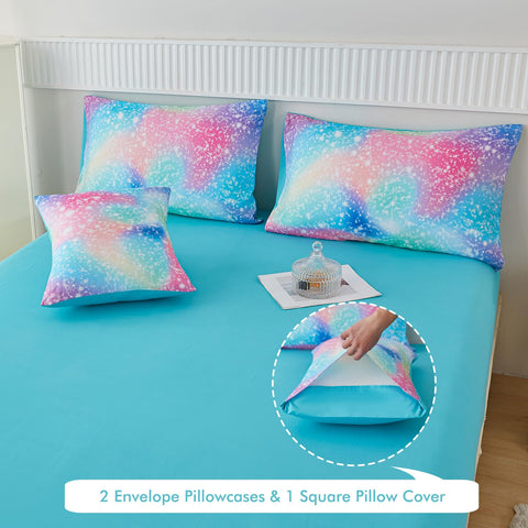 PERFEMET decorative pillow cover completes the playful rainbow look.