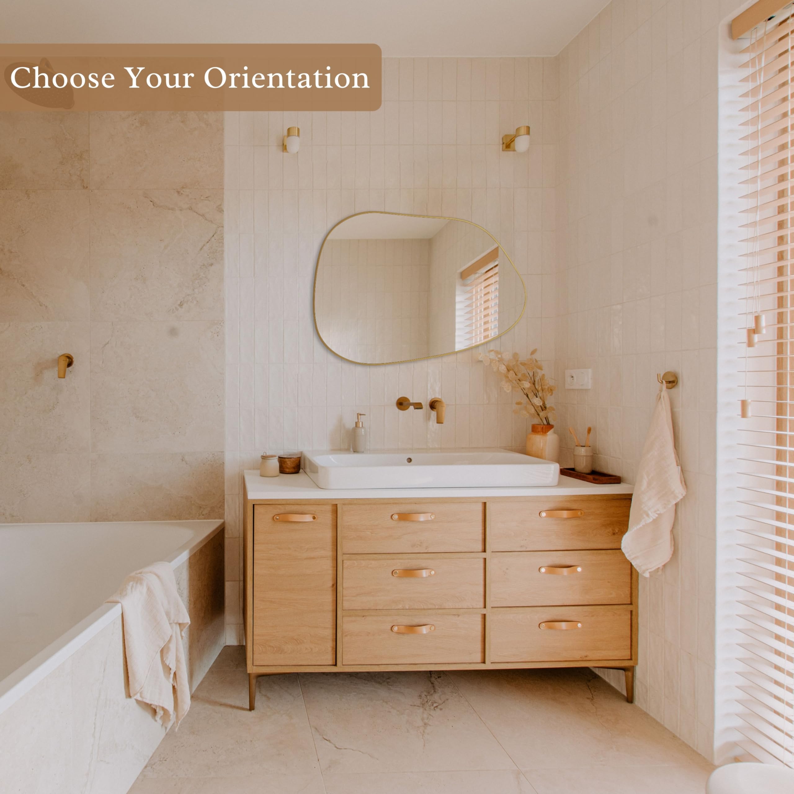 PERFNIQUE gold wall-mount mirror adds a timeless focal point in any room.