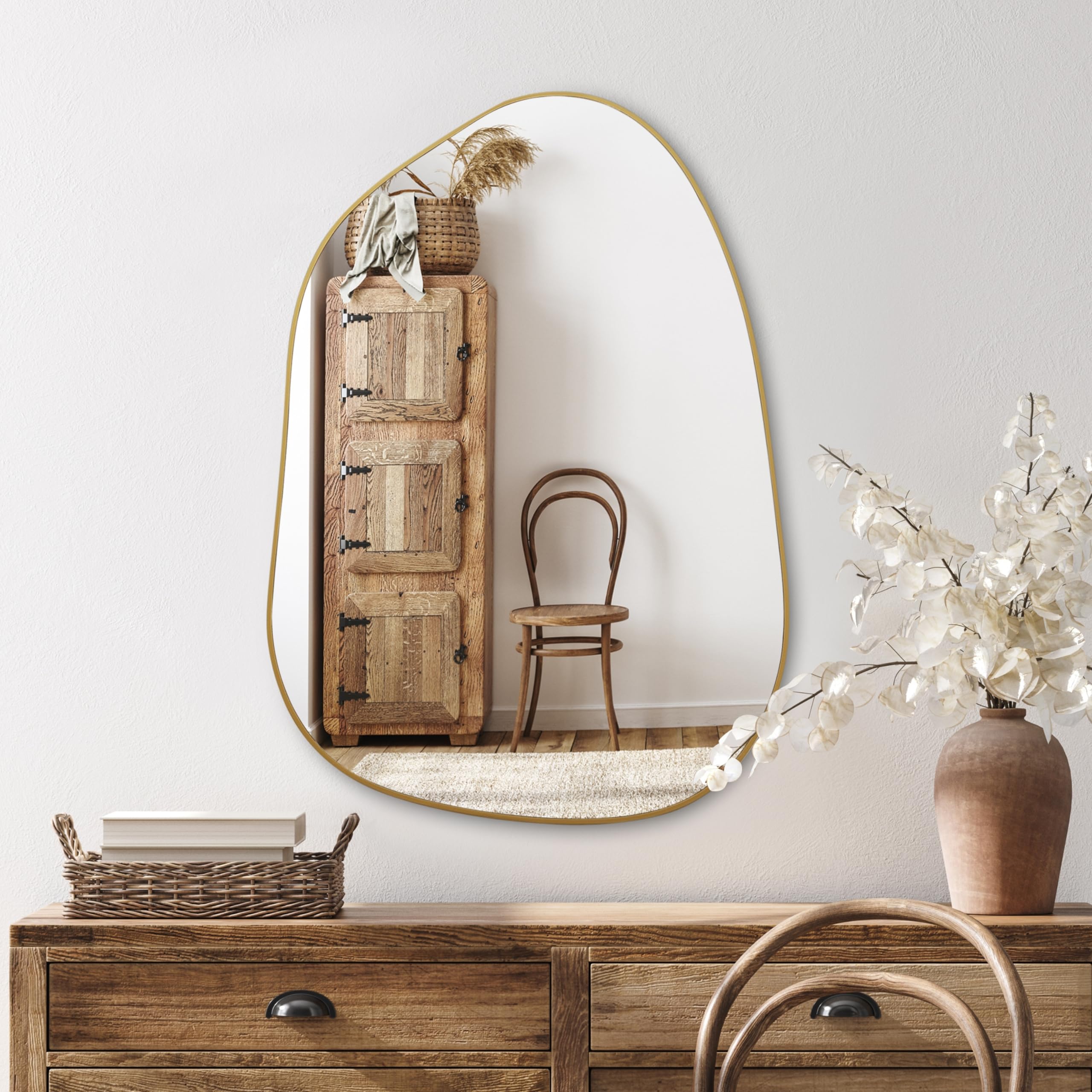PERFNIQUE irregular gold mirror 27x19 over sink to elevate bathroom style.