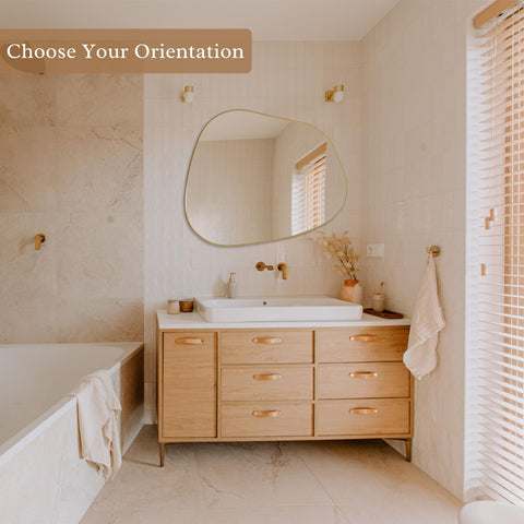 PERFNIQUE irregular wall mirror 32x24 gold in bathroom vanity reflects true colors.