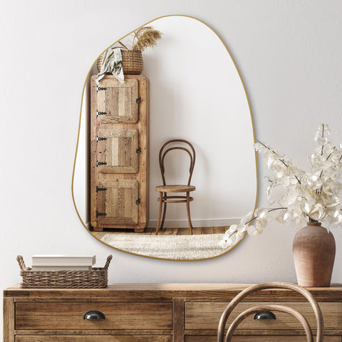 PERFNIQUE irregular wall mirror 32x24 gold durable finish resists fading.