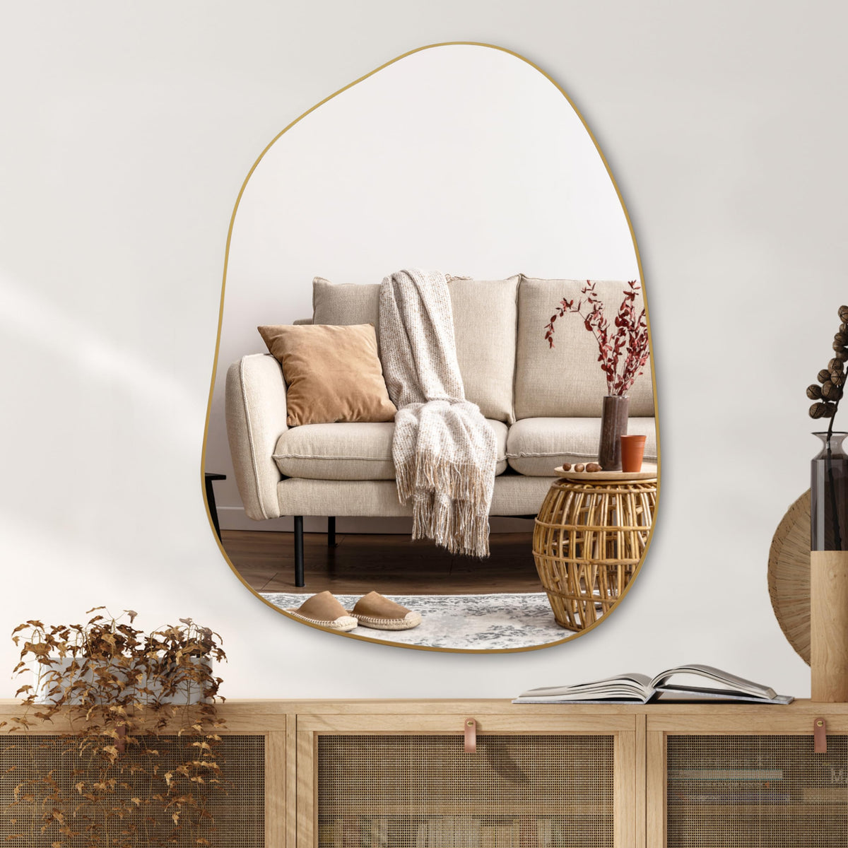 PERFNIQUE irregular wall mirror 32x24 gold over sink enhances bathroom light and style.