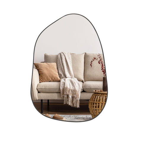 PERFNIQUE irregular mirror with wavy edge complements bathroom vanity lighting.