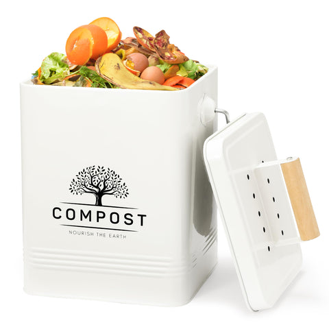 PERFNIQUE kitchen compost bin with lid shows 1.7 gallon capacity for countertop use.