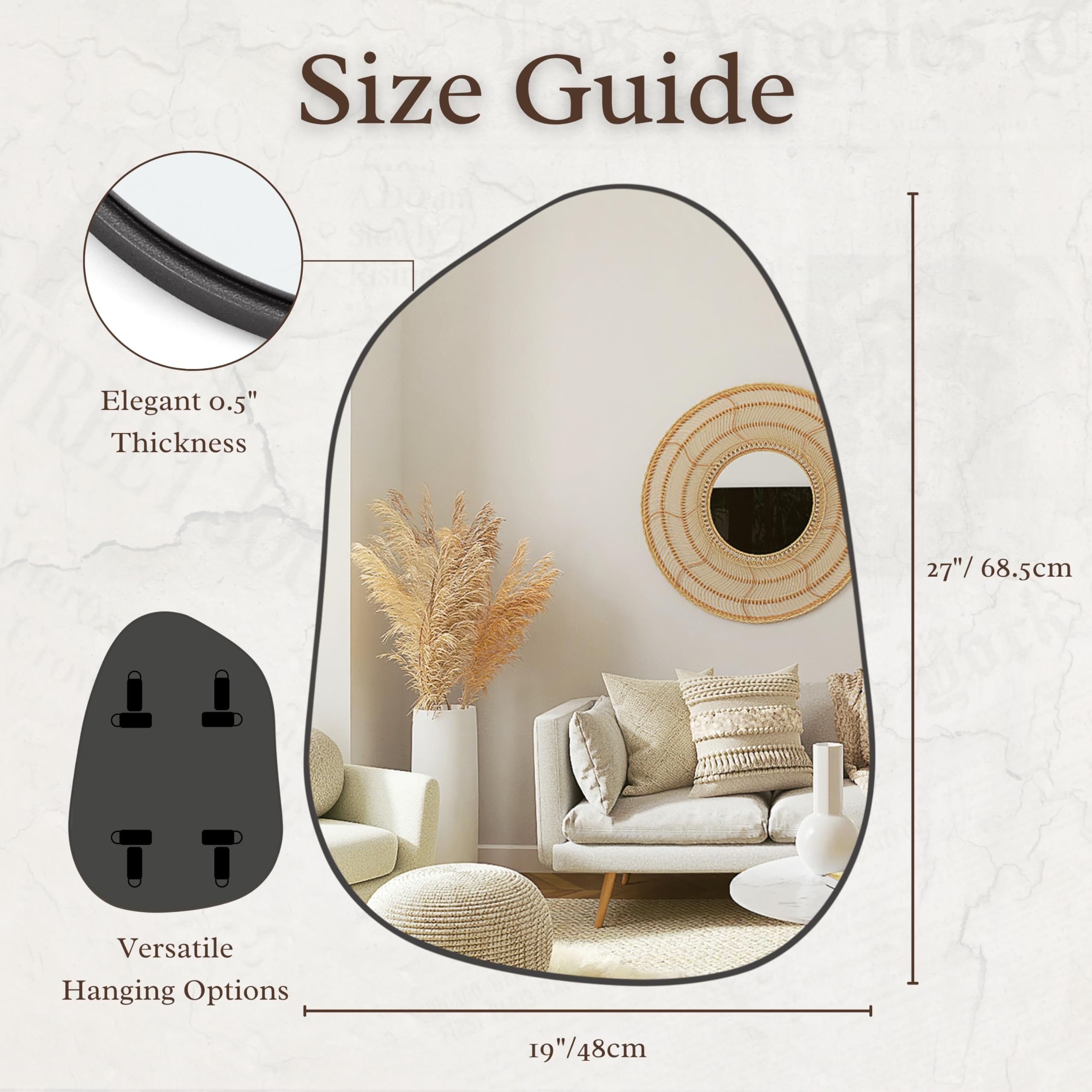 PERFNIQUE 27x19 mirror supports vertical or horizontal hanging.