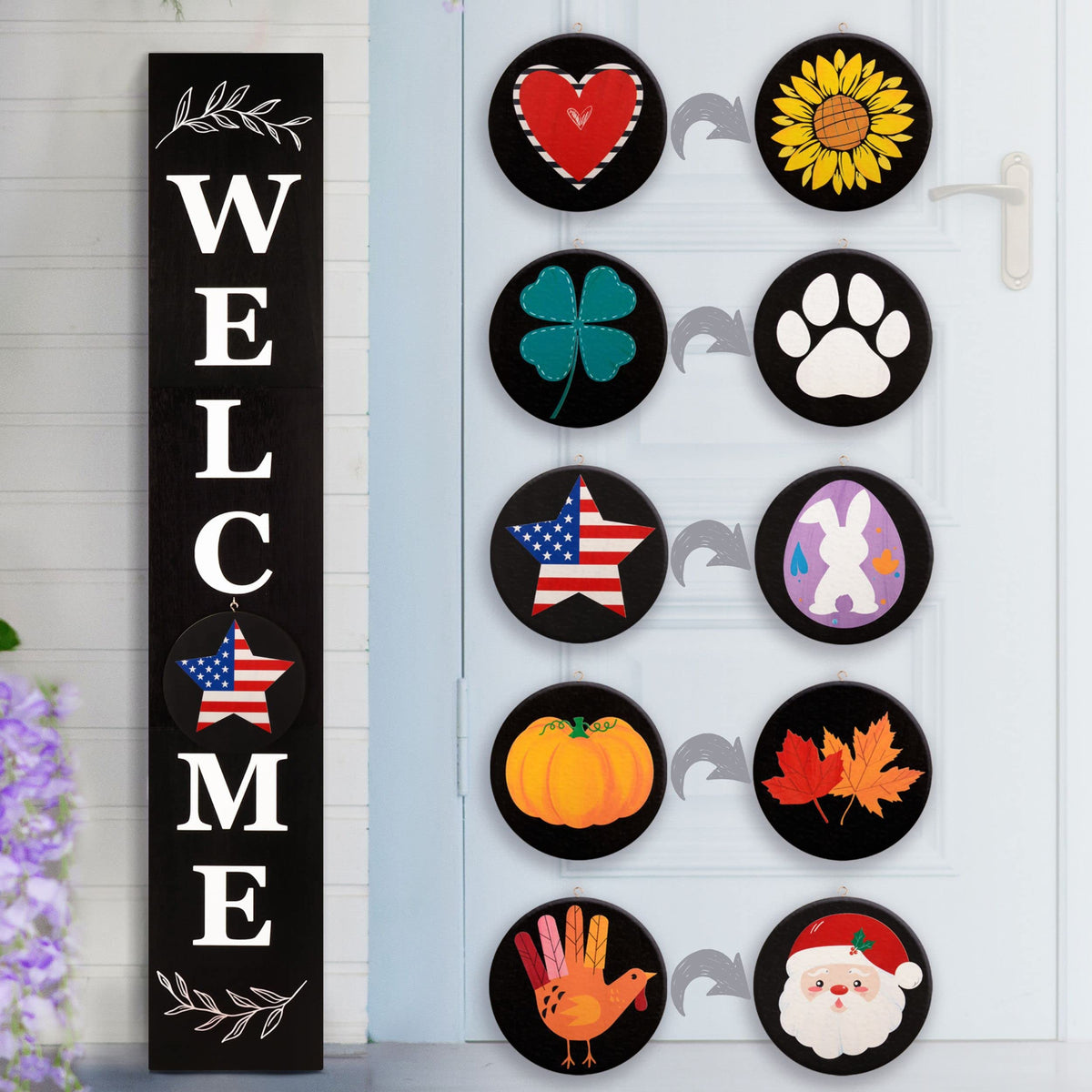 PERFNIQUE welcome sign for front porch leaning against a wall enhances curb appeal.