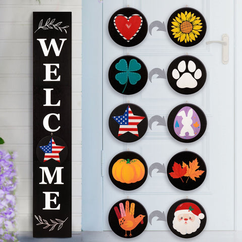 PERFNIQUE welcome sign for front porch leaning against a wall enhances curb appeal.