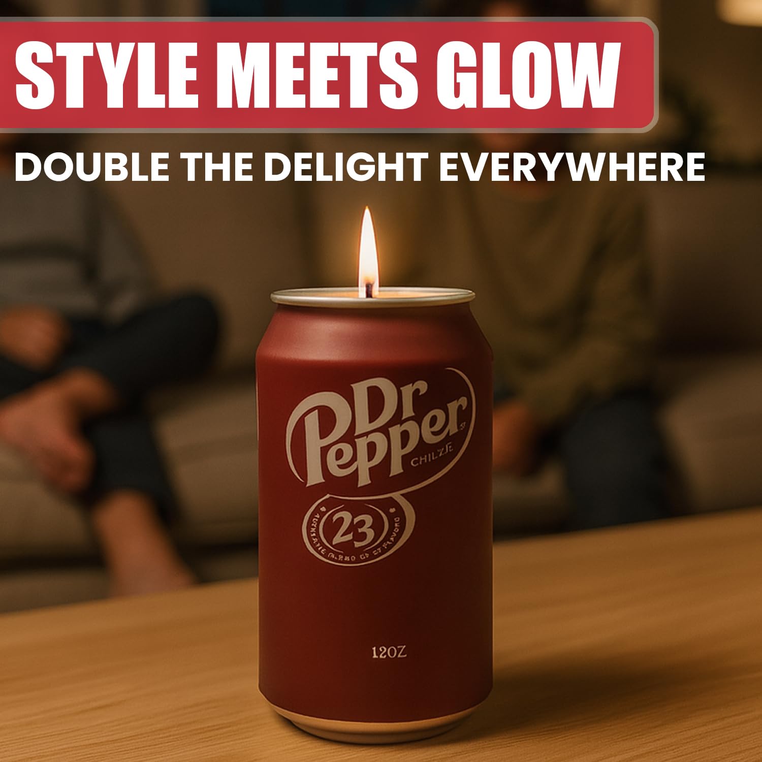 Perky Pulse Dr Pepper Candle glowing in ambient light for cozy vibes