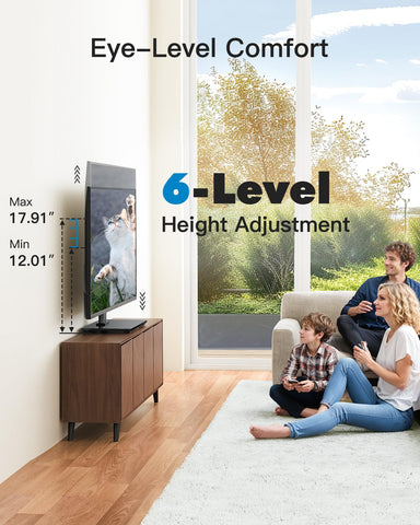 PERLESMITH height adjustable stand demonstrates six levels for comfortable seated viewing.