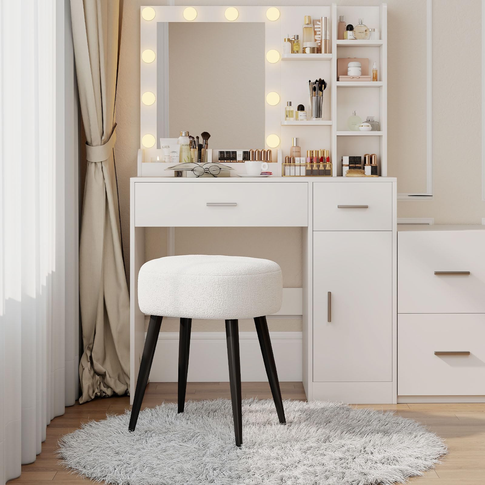 Permory Teddy Velvet Vanity Stool used as a footrest beside a chair for relaxation.