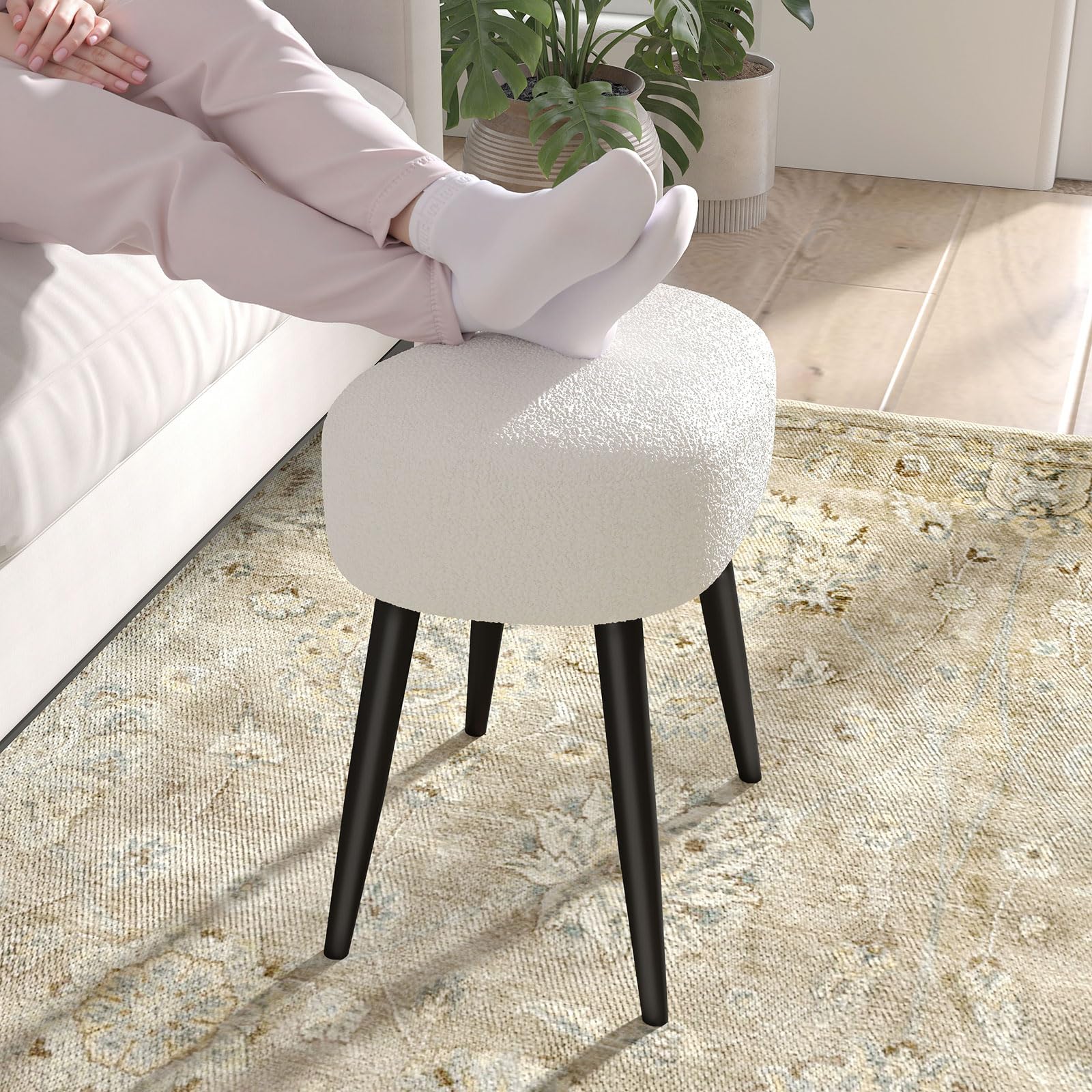 Permory Teddy Velvet Vanity Stool assembly, quick tool-free setup.