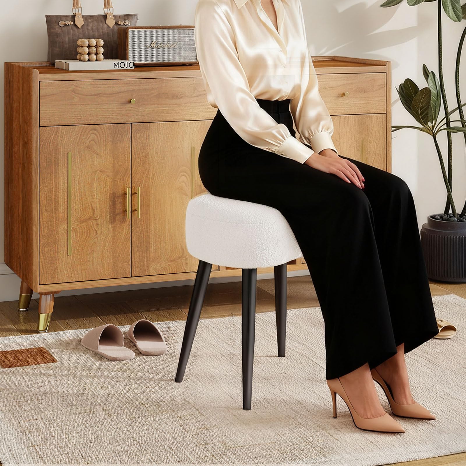 Permory Teddy Velvet Vanity Stool in a bedroom vanity setup, adding soft style.