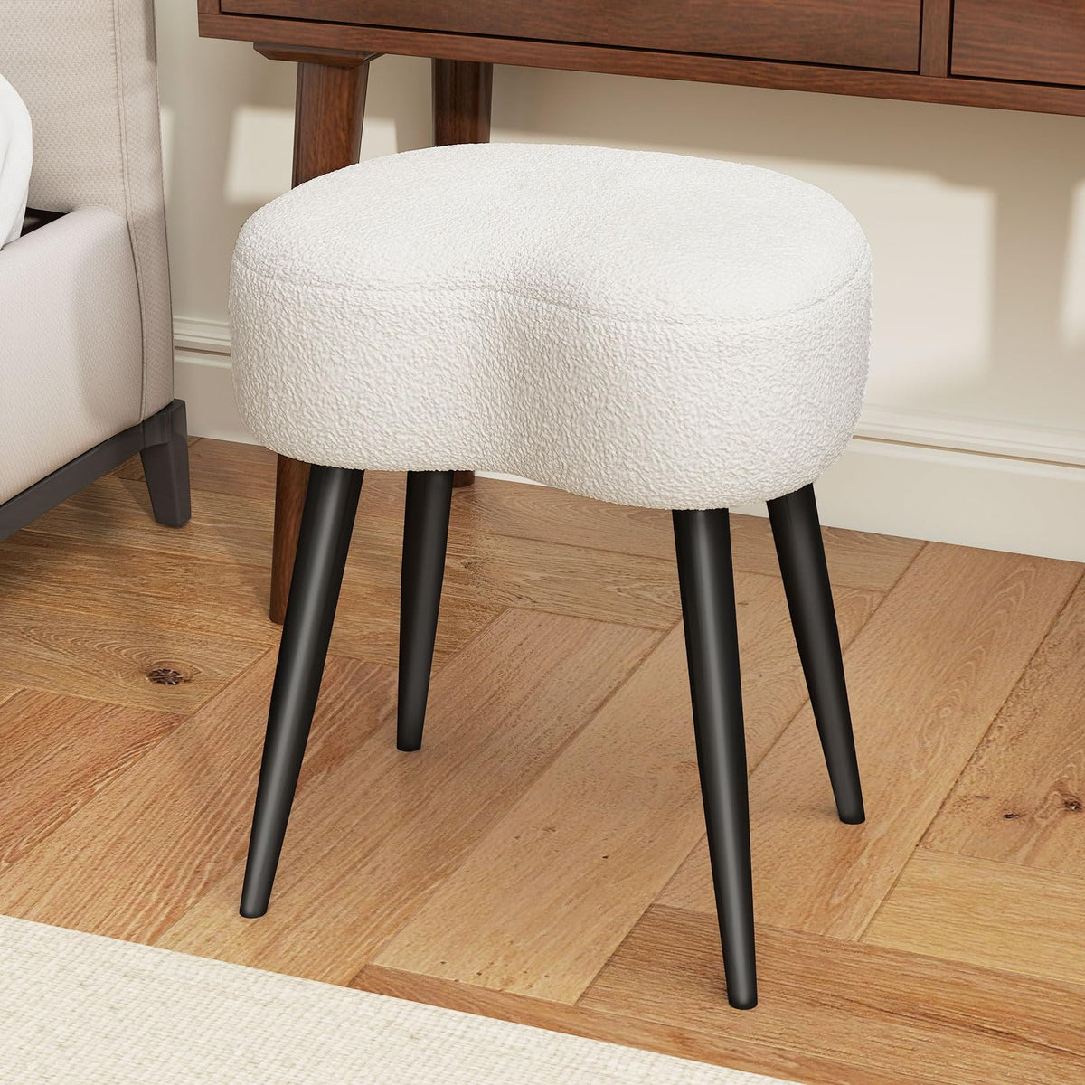 Permory Teddy Velvet Vanity Stool front view, plush upholstery for comfortable makeup sessions.