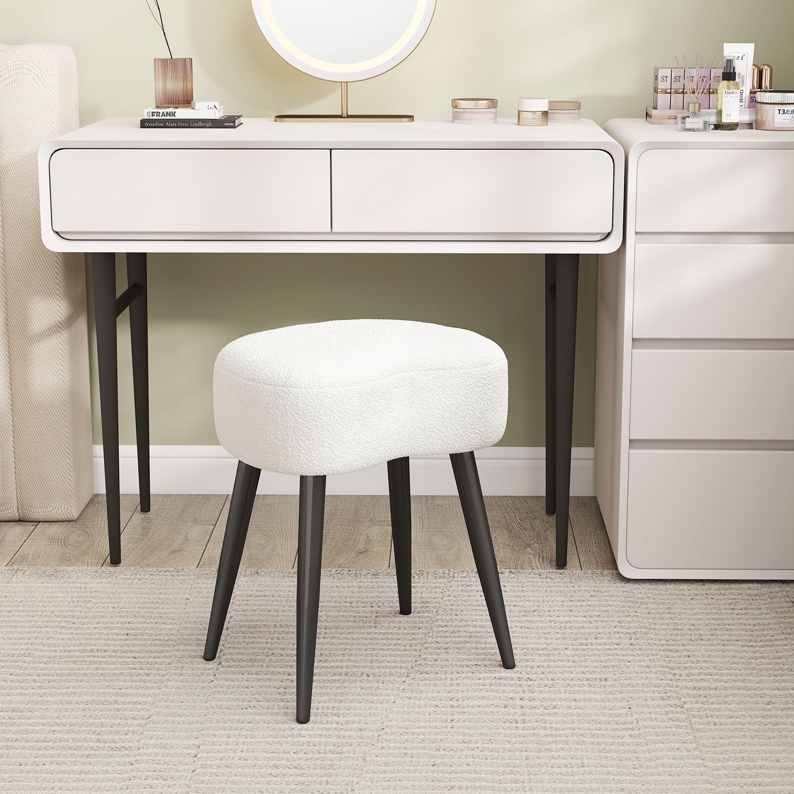 Permory Teddy Velvet Vanity Stool seat detail, ergonomic curved kidney shape for comfort.