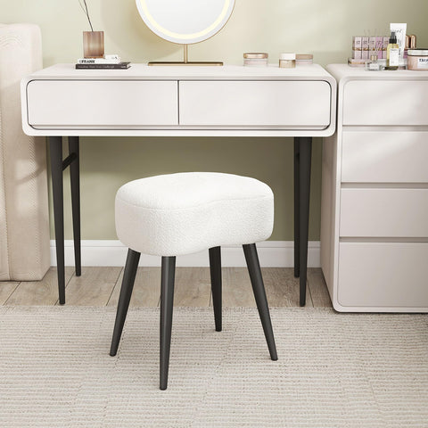 Permory Teddy Velvet Vanity Stool seat detail, ergonomic curved kidney shape for comfort.
