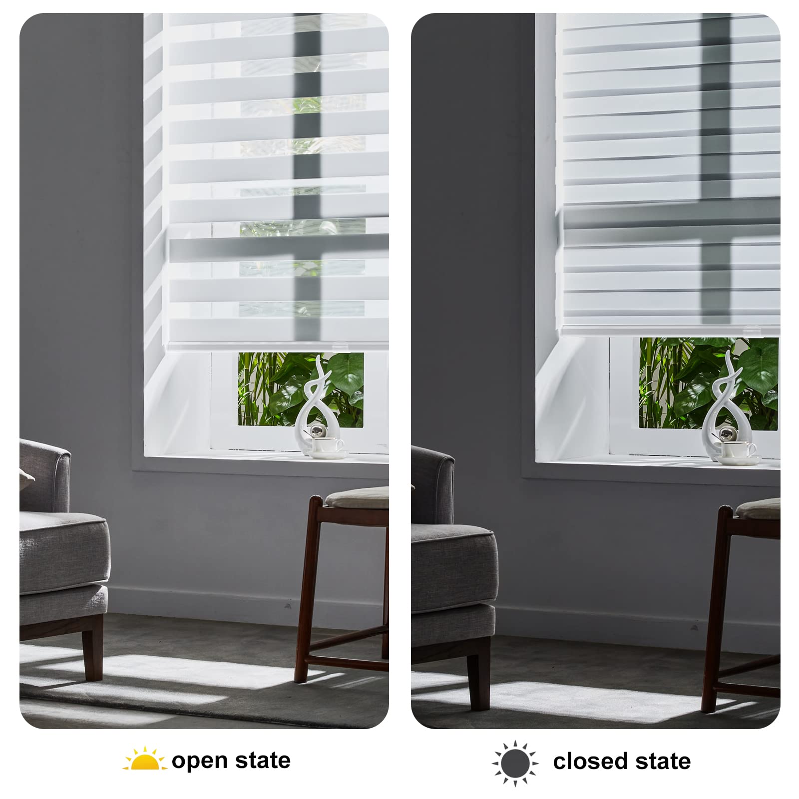 Persilux cordless zebra blind day-night dual-layer design visible, controls light softly.