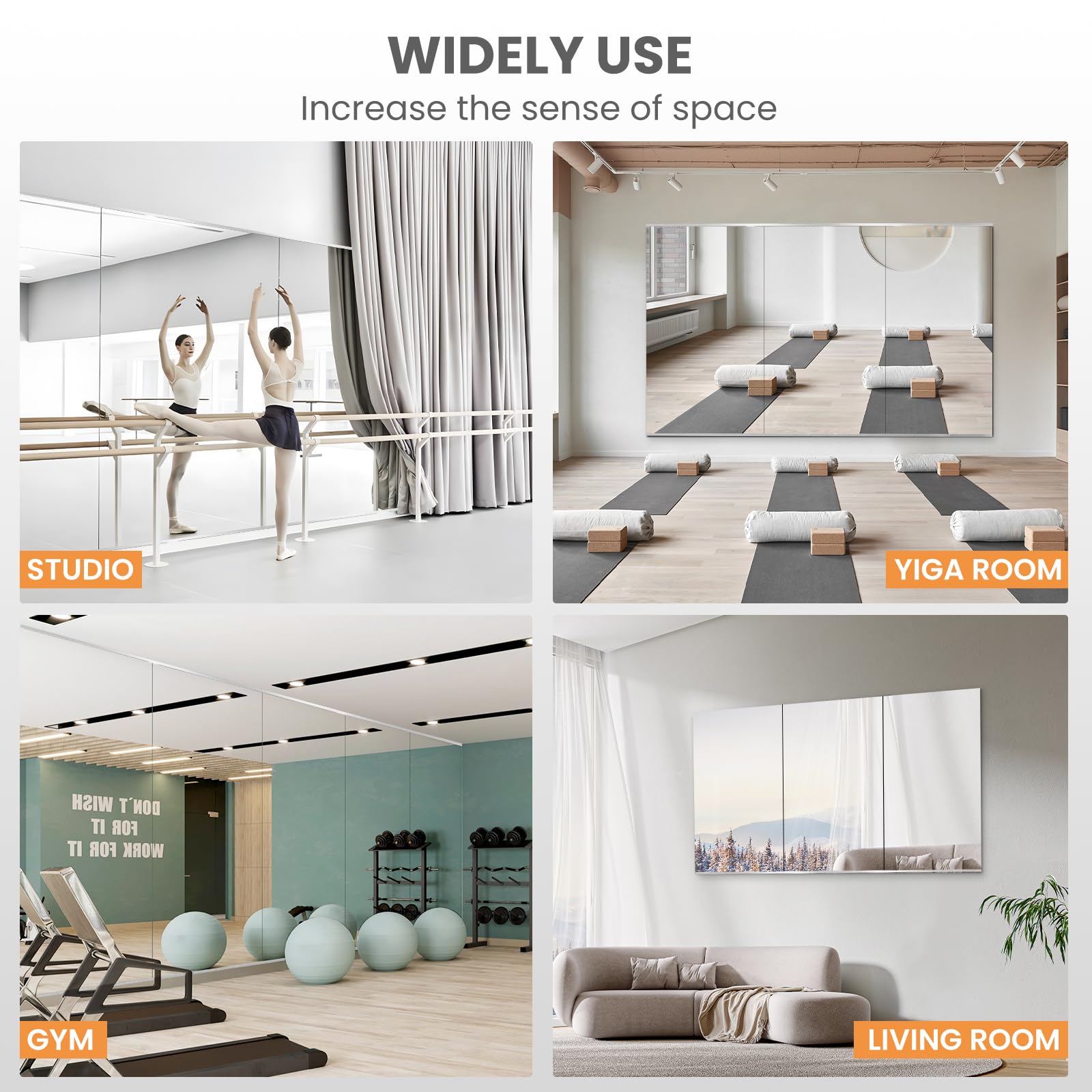 pertetey yoga-dance studio setup with wide reflection area.