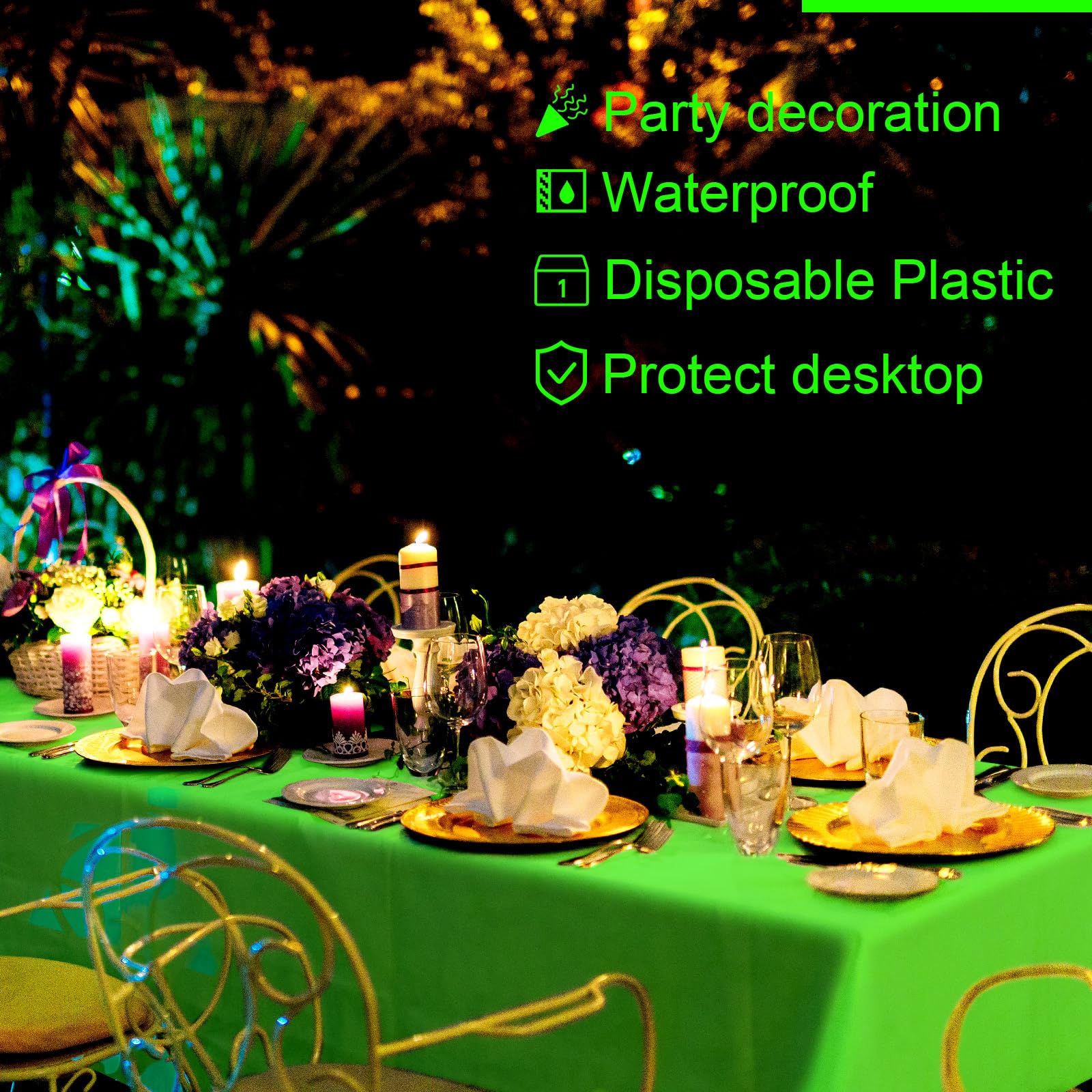 Peryiter neon dark purple tablecloth adds bold decor.
