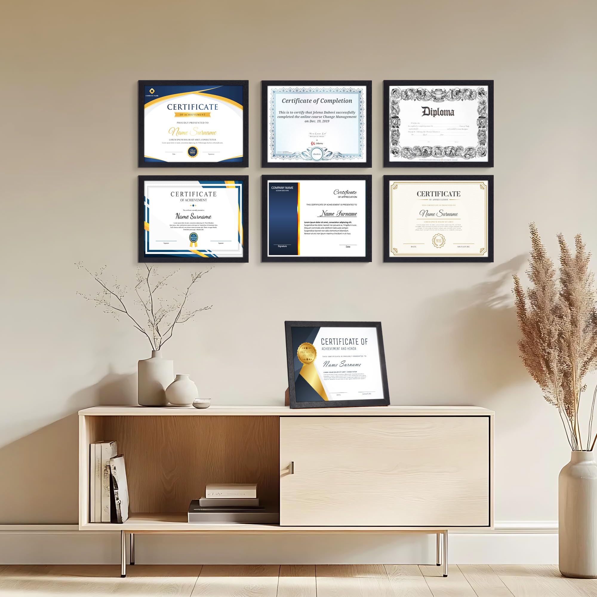 PETAFLOP diploma frames shown with wall mounting hardware for quick setup