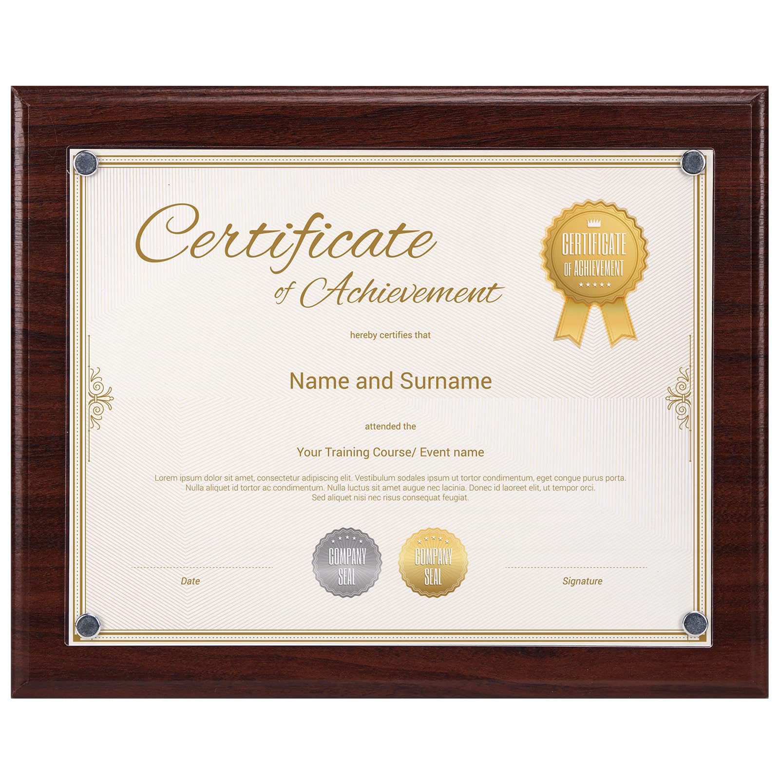 PETAFLOP wooden frame, front view in brown, ideal for certificate display.