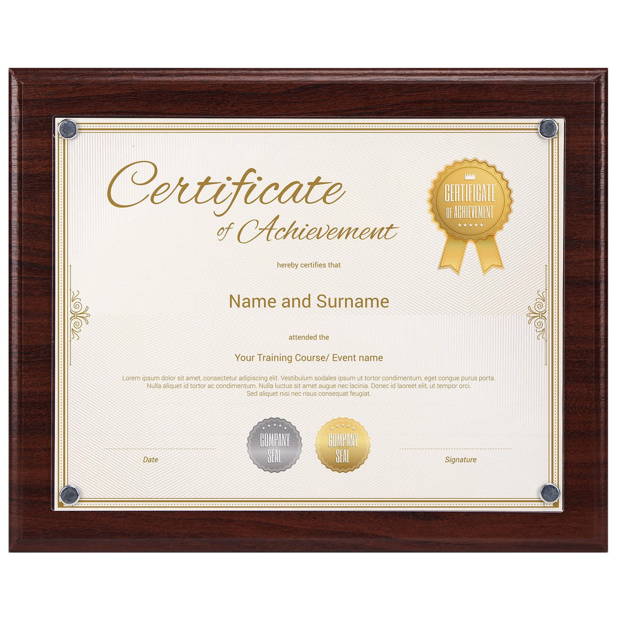 PETAFLOP wooden frame, front view in brown, ideal for certificate display.