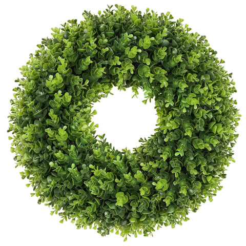 Petalyn boxwood wreath close-up showing vibrant leaves for year-round charm.