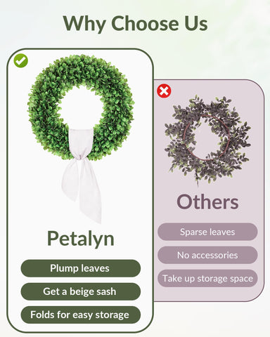 Petalyn boxwood wreath 20-inch size demonstrates substantial presence for doors or walls.