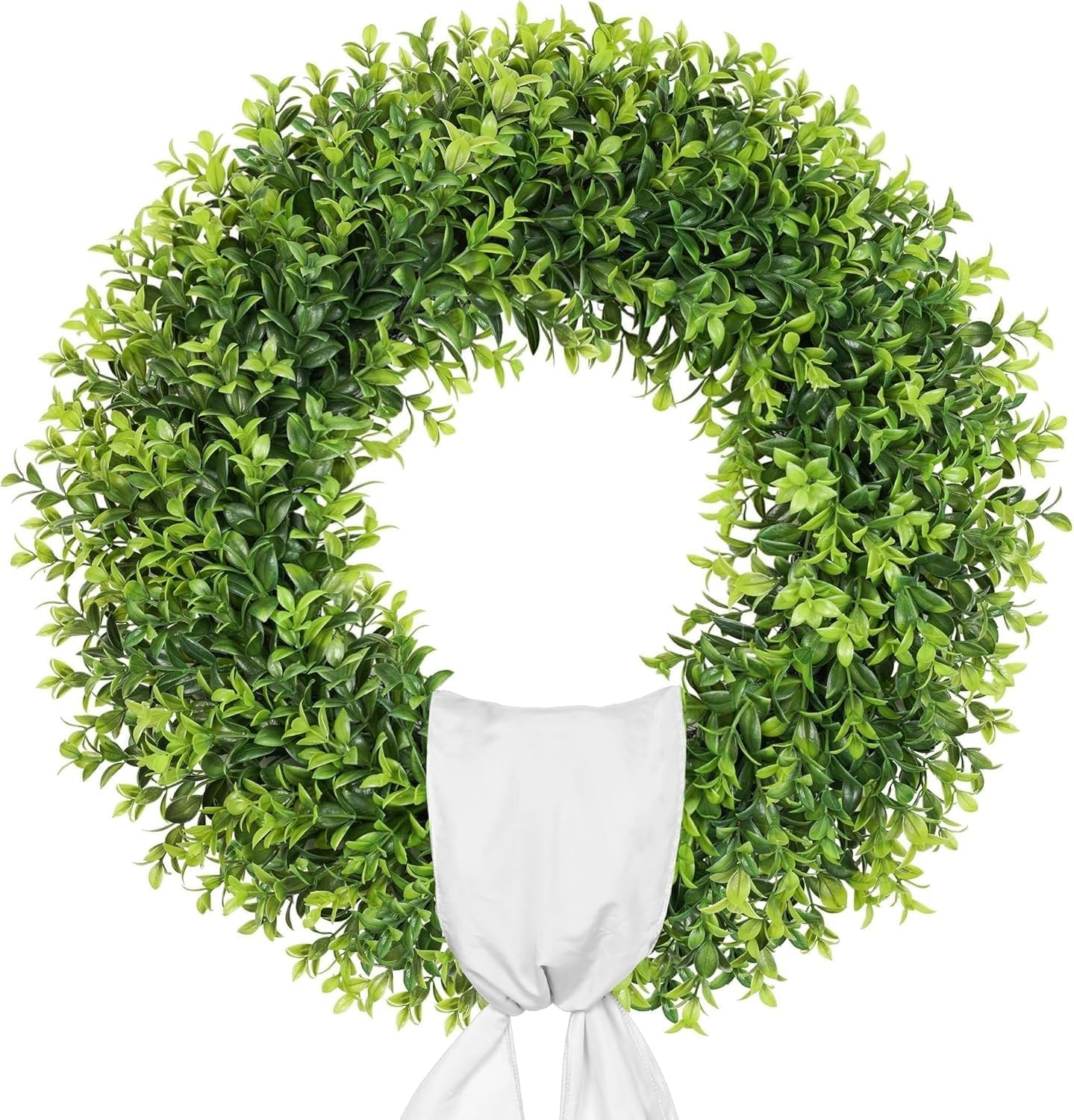 Petalyn 24-inch boxwood wreath on front door with sash for year-round charm.