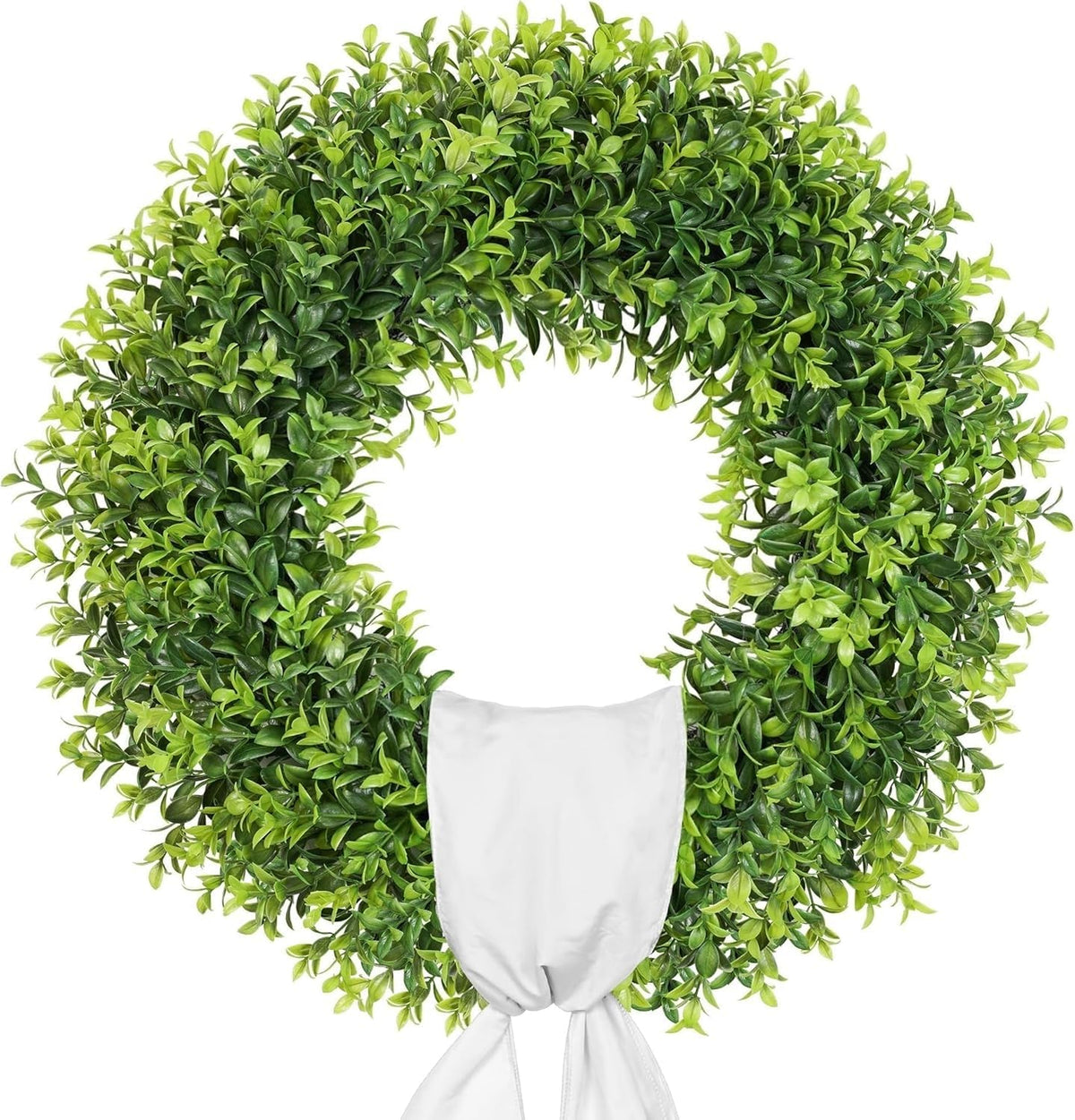 Petalyn 24-inch boxwood wreath on front door with sash for year-round charm.