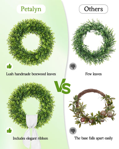 Petalyn boxwood wreath window display brightens interior spaces with lush greenery.