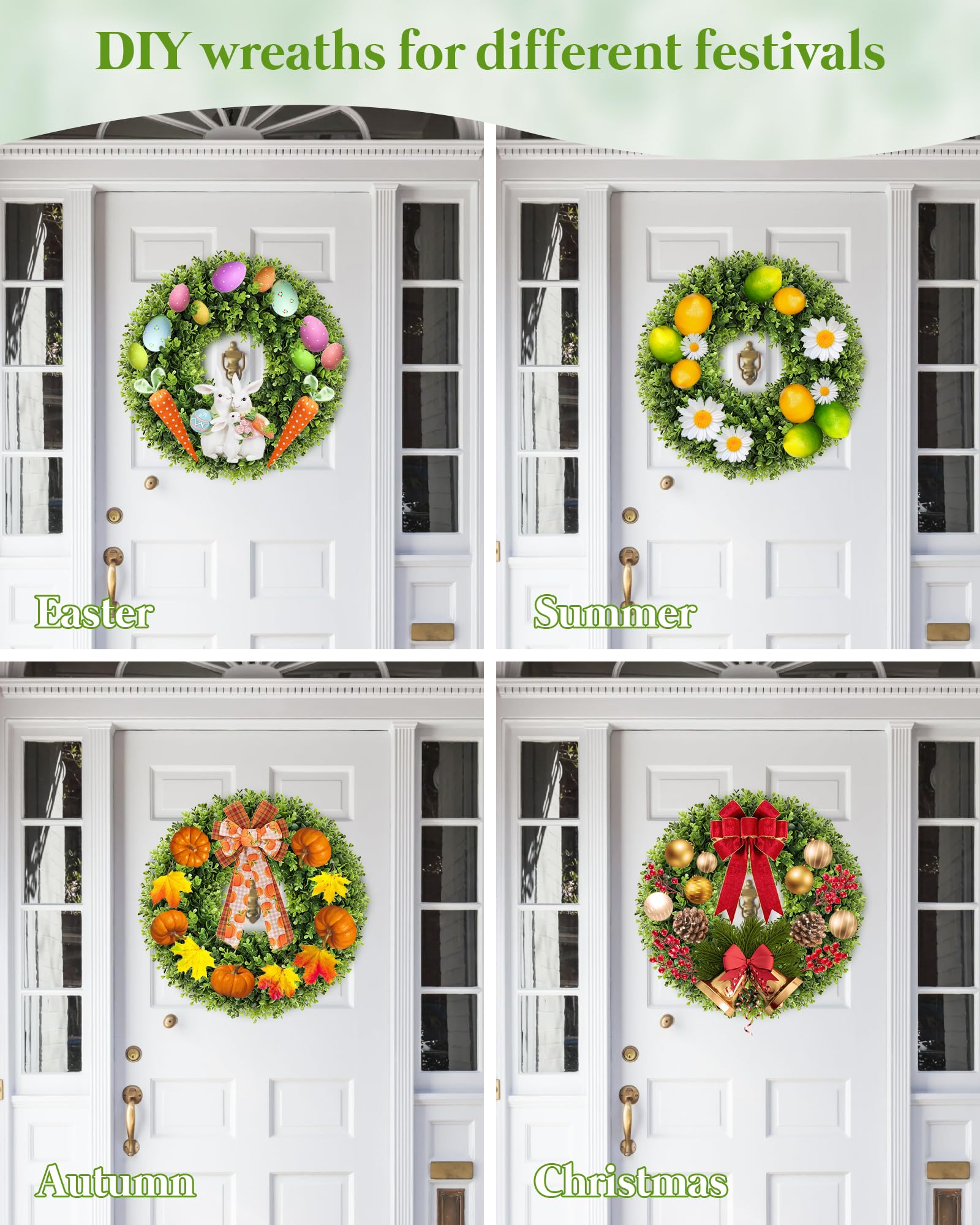 Petalyn all-season boxwood wreath displayed on a porch for versatile decor.
