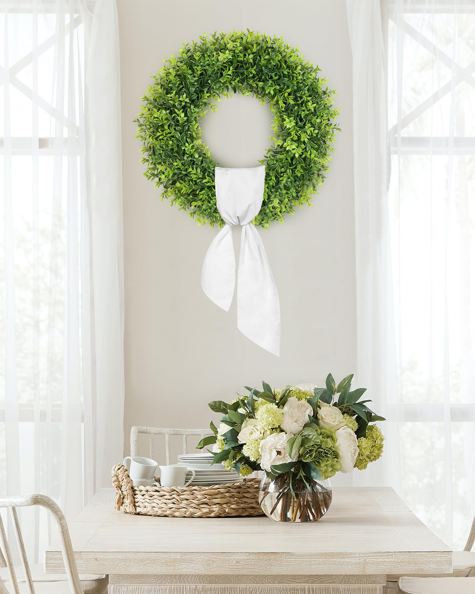 Petalyn boxwood wreath seasonal-pairings ideas with ribbons or pinecones for holidays.