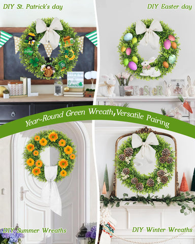 Petalyn boxwood wreath year-round display suitable for indoor and outdoor use.