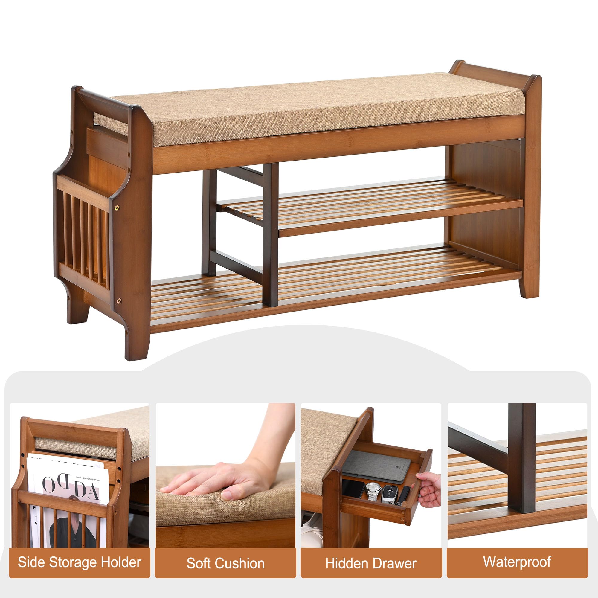 PETKABOO bamboo shoe bench shown assembled beside a doorway.