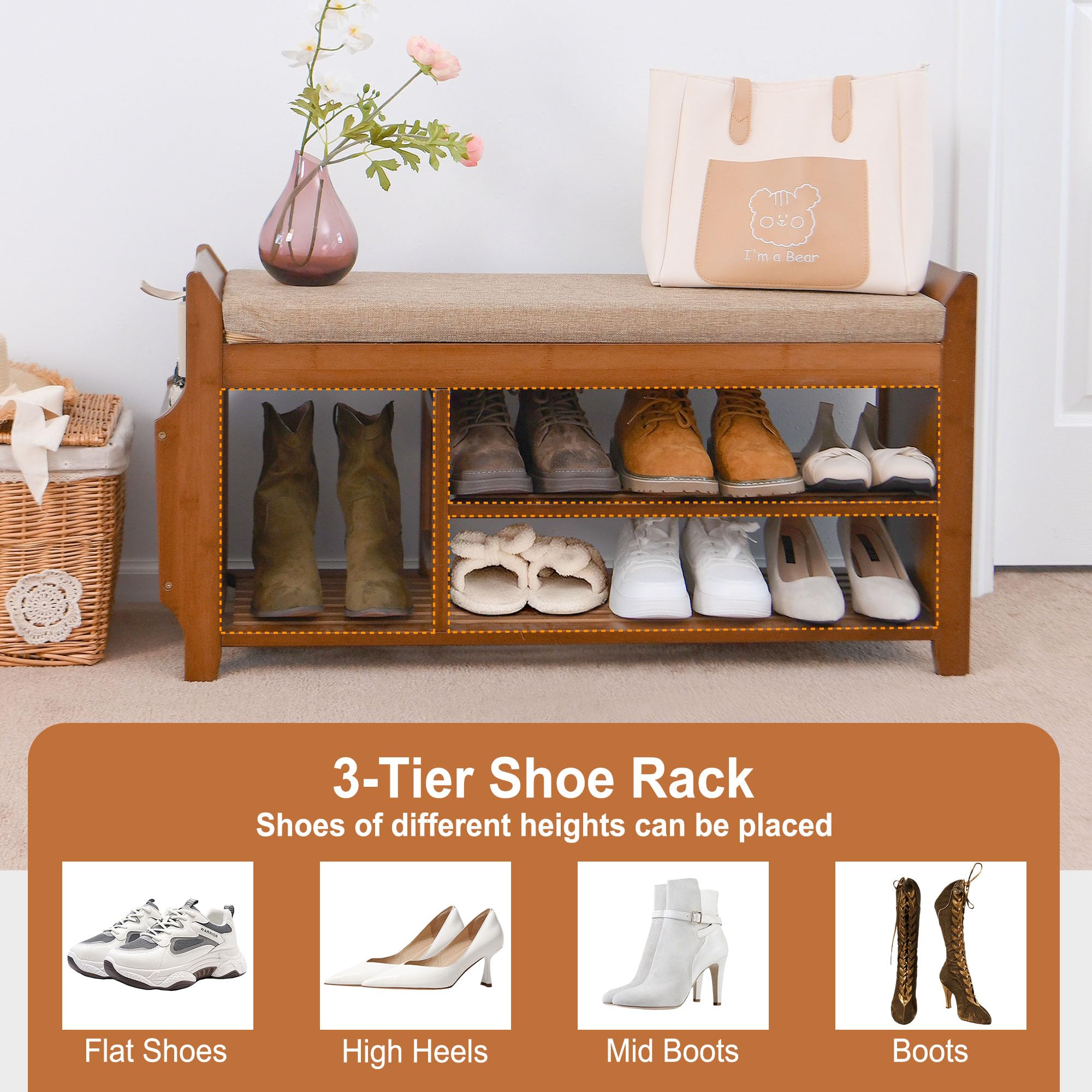PETKABOO 39.4-inch bamboo shoe bench in a bright entryway.