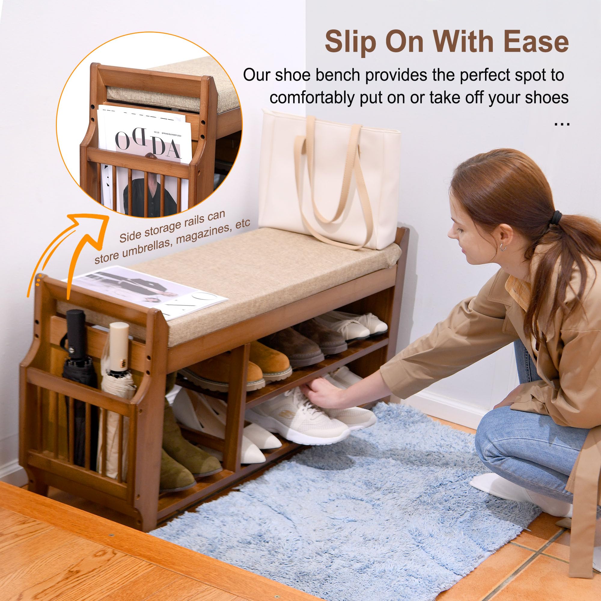 PETKABOO bamboo shoe bench with two-tier shelves for everyday footwear.