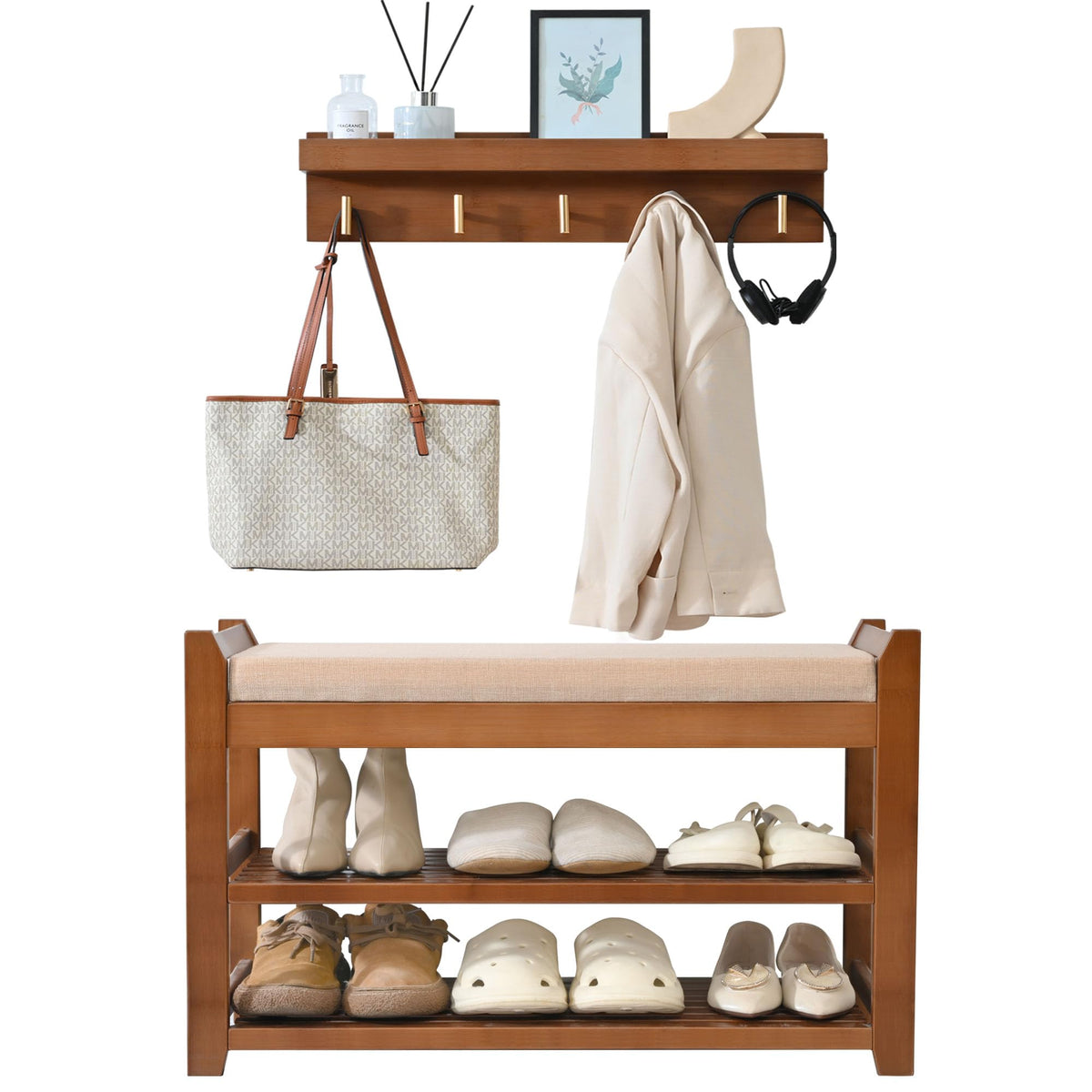 PETKABOO entryway bench with coat rack delivers 4-in-1 organization for the front door.