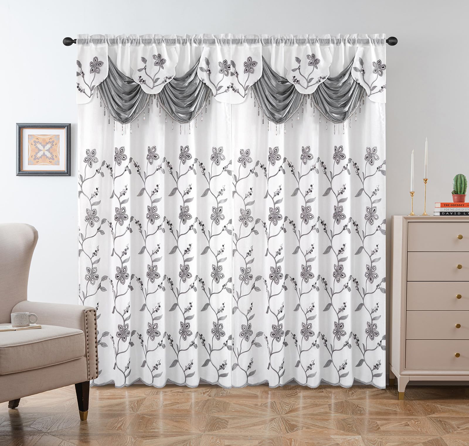 Petrichor attached valance detail for a luxurious window treatment.