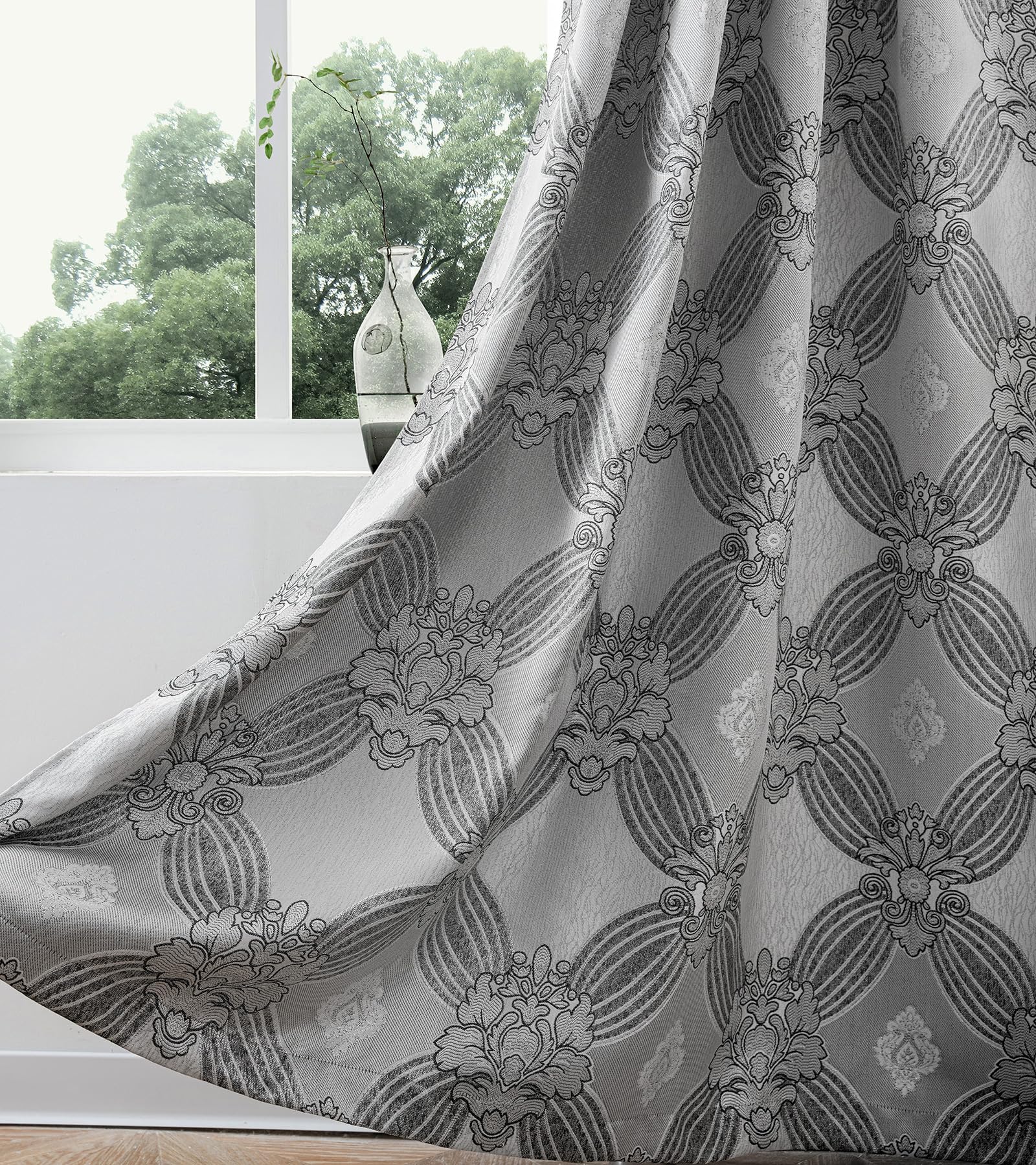 Petrichor crystal beads embellish curtain folds for subtle sparkle
