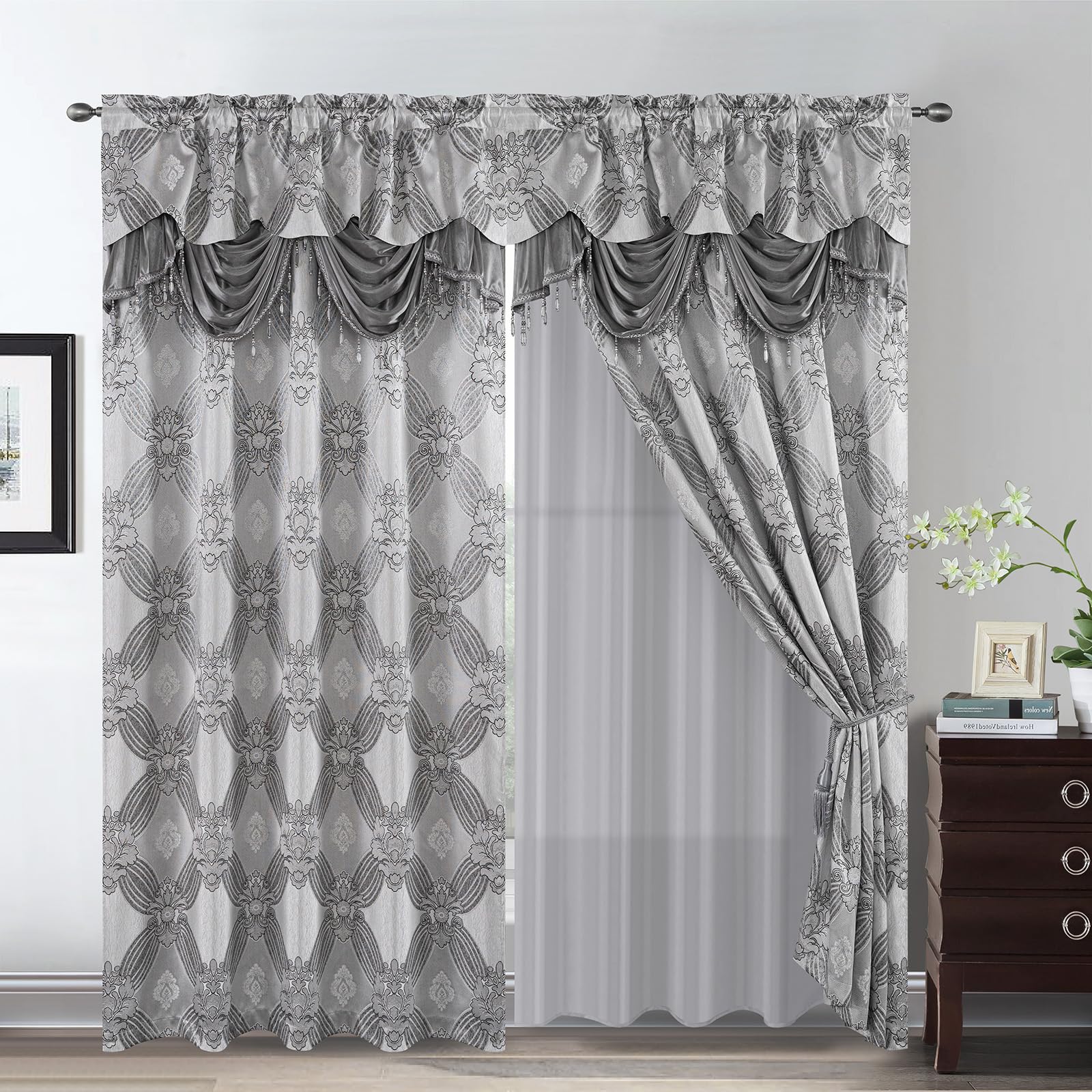 Petrichor elegant curtains with attached valance and beaded detailing for a regal look