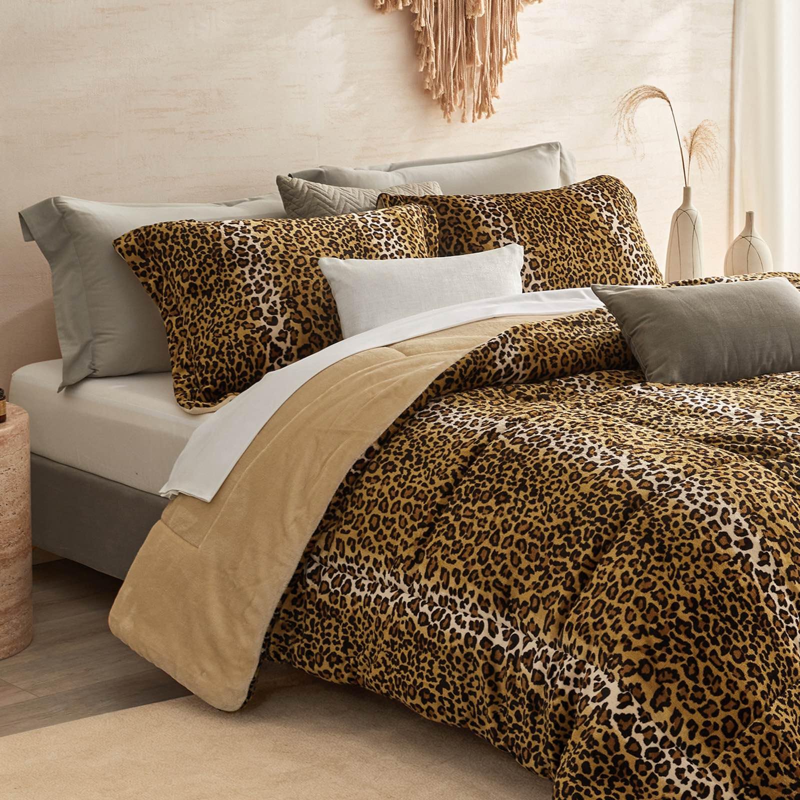 Petrichor leopard velvet flannel queen comforter delivers cozy warmth for chilly nights.