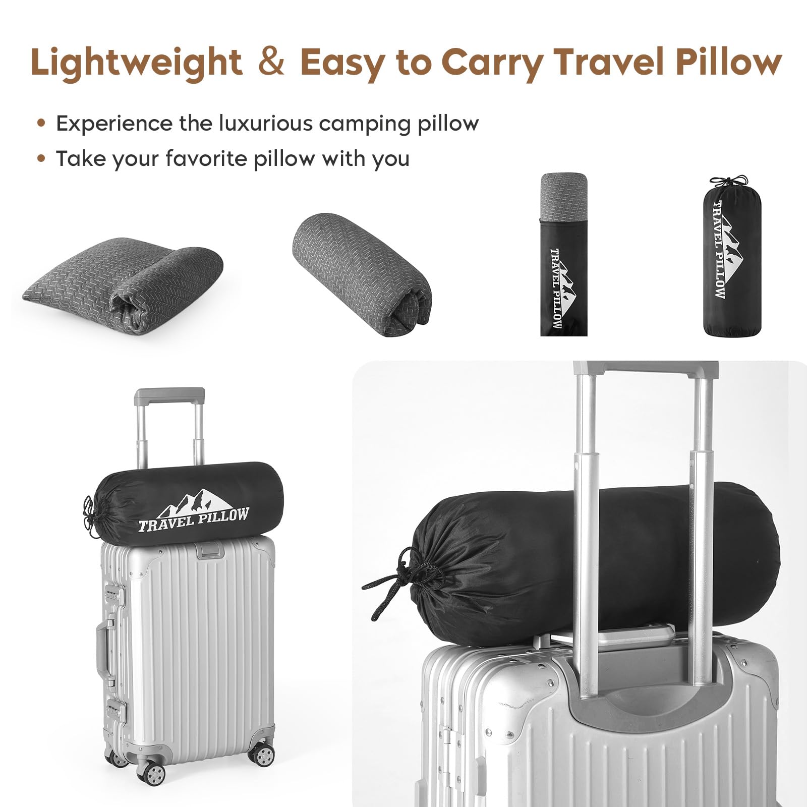PEUJEW compact travel pillow with bag for easy packing