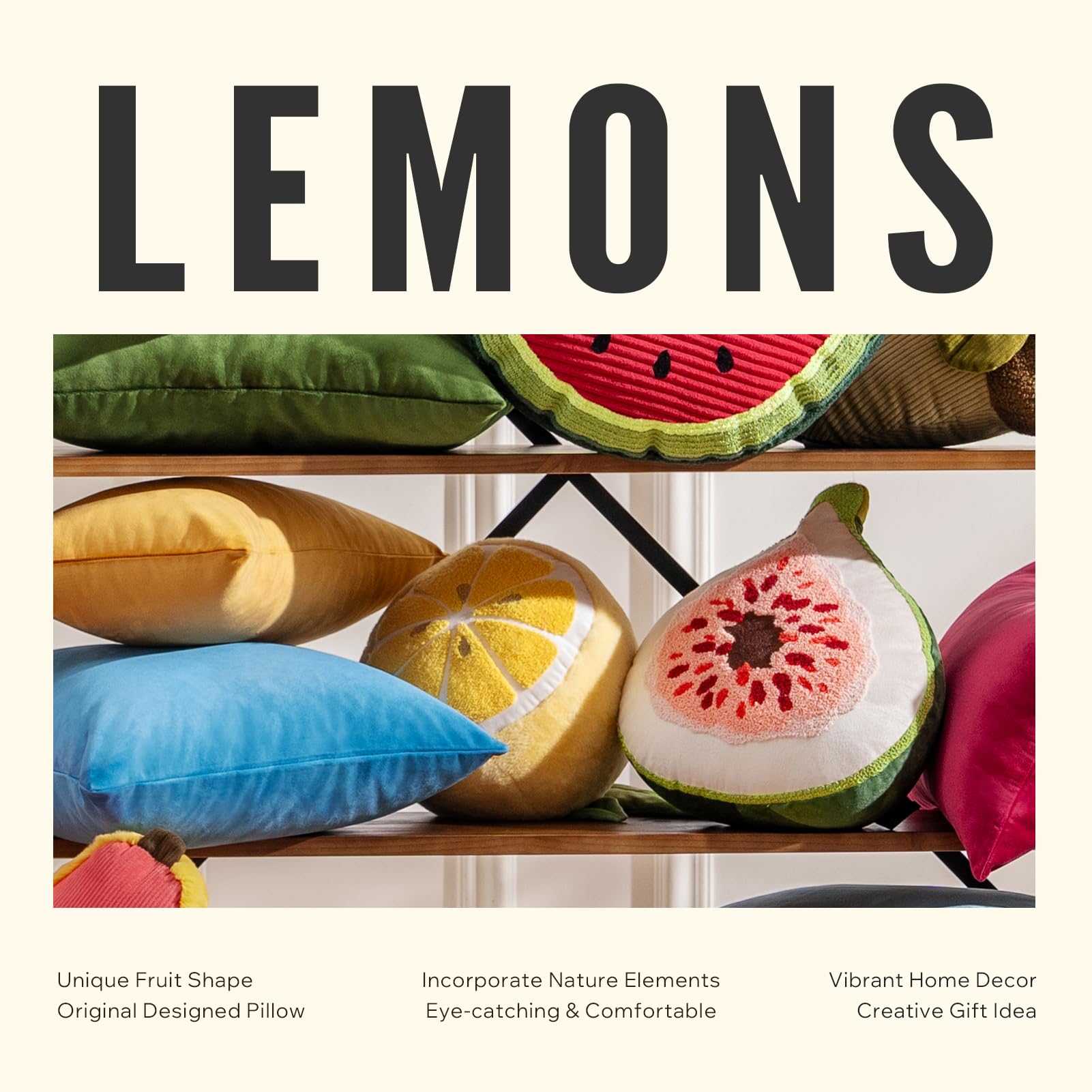 Phantoscope Lemon-shaped Throw Pillow in a cozy bedroom setting.