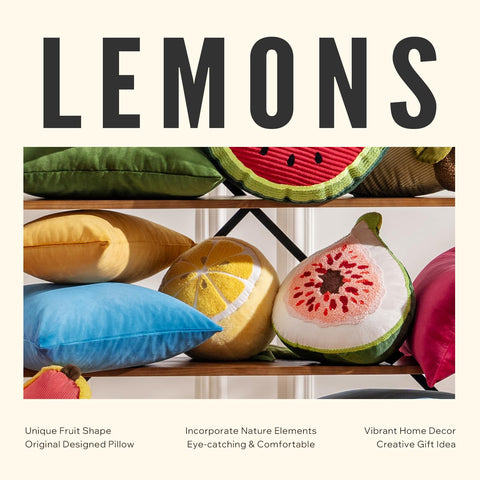 Phantoscope Lemon-shaped Throw Pillow in a cozy bedroom setting.
