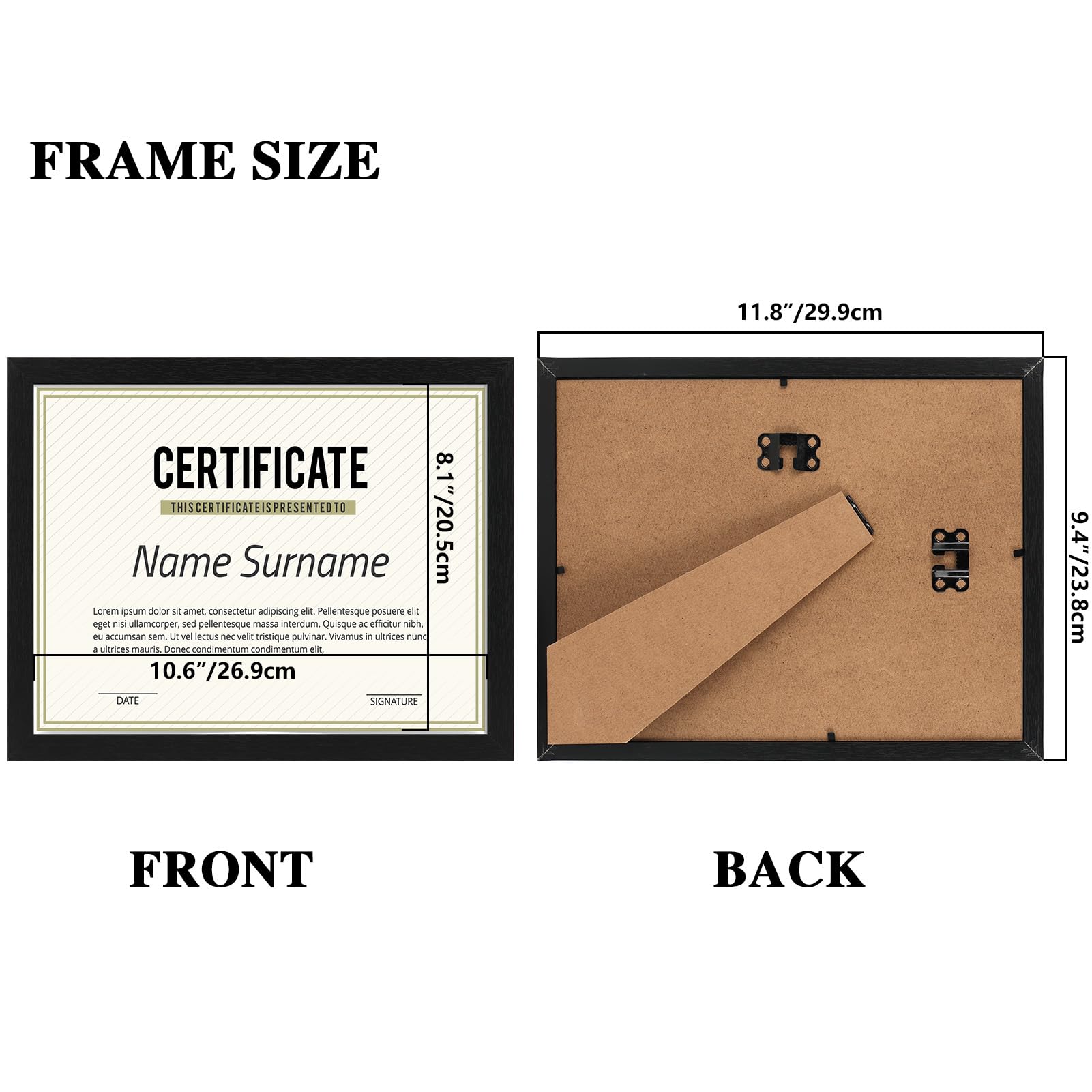PHAREGE diploma frame back view; easy insert and wall-hanging capability.