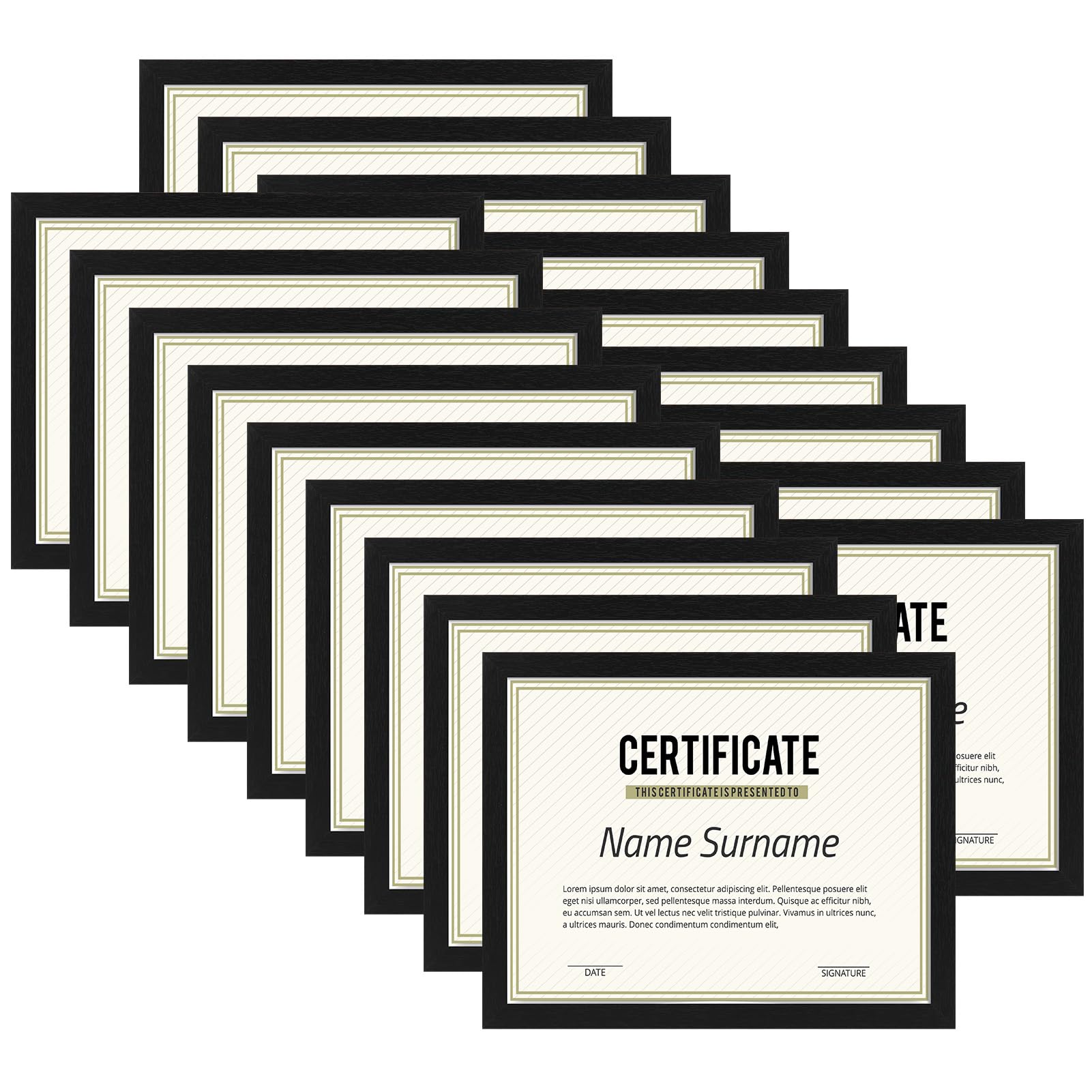 PHAREGE 8.5x11 diploma frame front view; sleek black finish highlights certificates.
